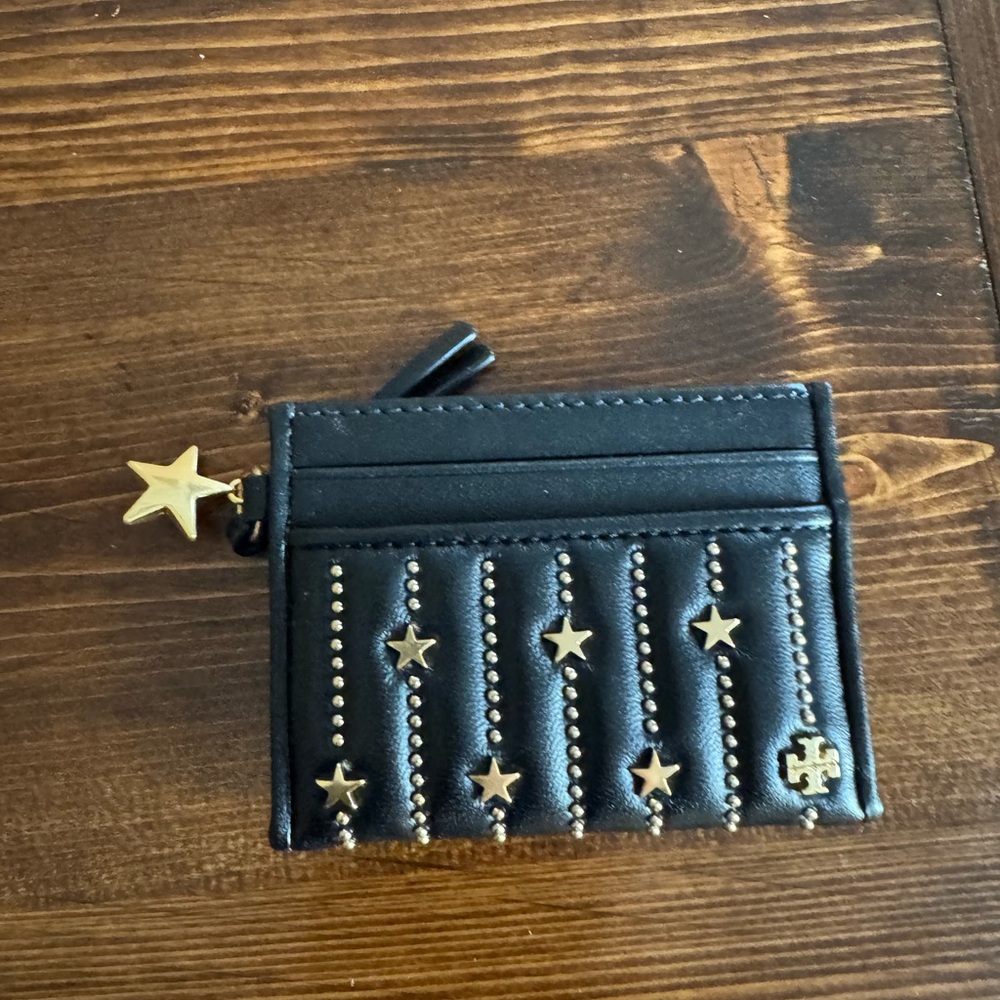 Tory Burch Fleming Black and Gold Star-Studded Card Holder